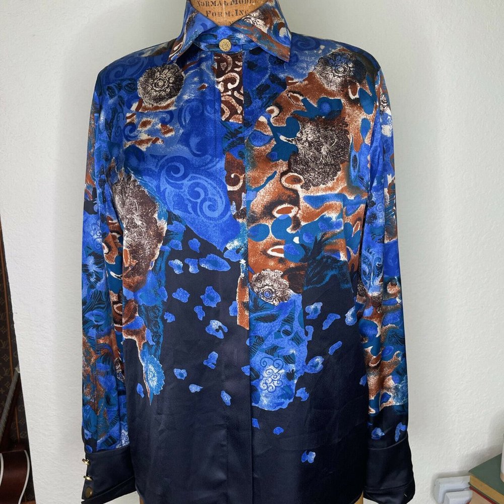 Louis Feraud Womens Blue Black Abstract Long Collared Button Up Shirt Top Size 8
